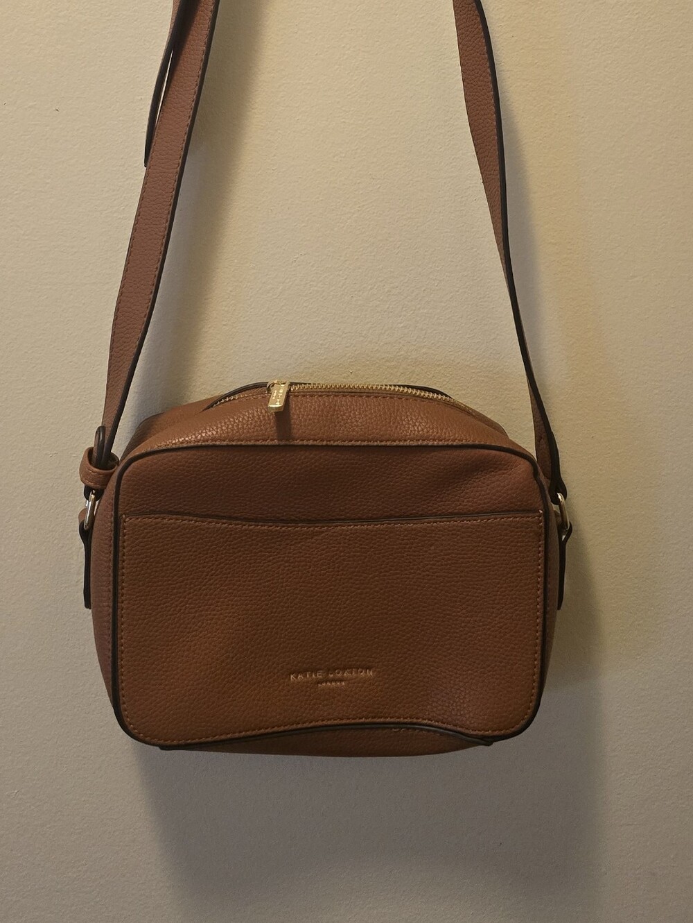 Katie Loxton London Pebbled Vegan Leather Camera Crossbody Bag Cognac Brown